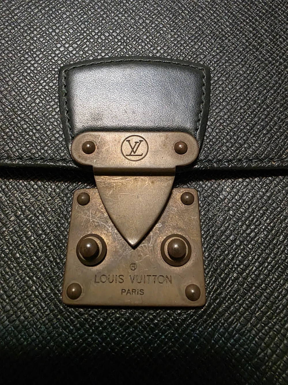 VINTAGE Louis Vuitton Taiga Green Leather Koura Clutch with Brass Lock